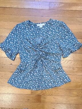 Monteau- Blue Floral Tie-Front Peplum Blouse